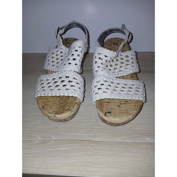 SO Adriene Cork Wedge Sandals White Woven Upper Open Toe Girls Size 3 Medium - Picture 1 of 16